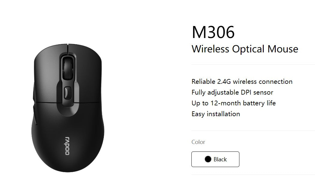 RAPOO M306 2.4 Wireless Optical Mice with Side FWD and Back Buttons. 12 Months Long Battery Life, Easy Installation. Adjustable DPI 3200. Office Mice. RAPOO M306 2.4 Wireless Optical Mice with Side FWD and Back Buttons. 12 Months Long Battery Life, Easy Installation. Adjustable DPI 3200. Office Mice.